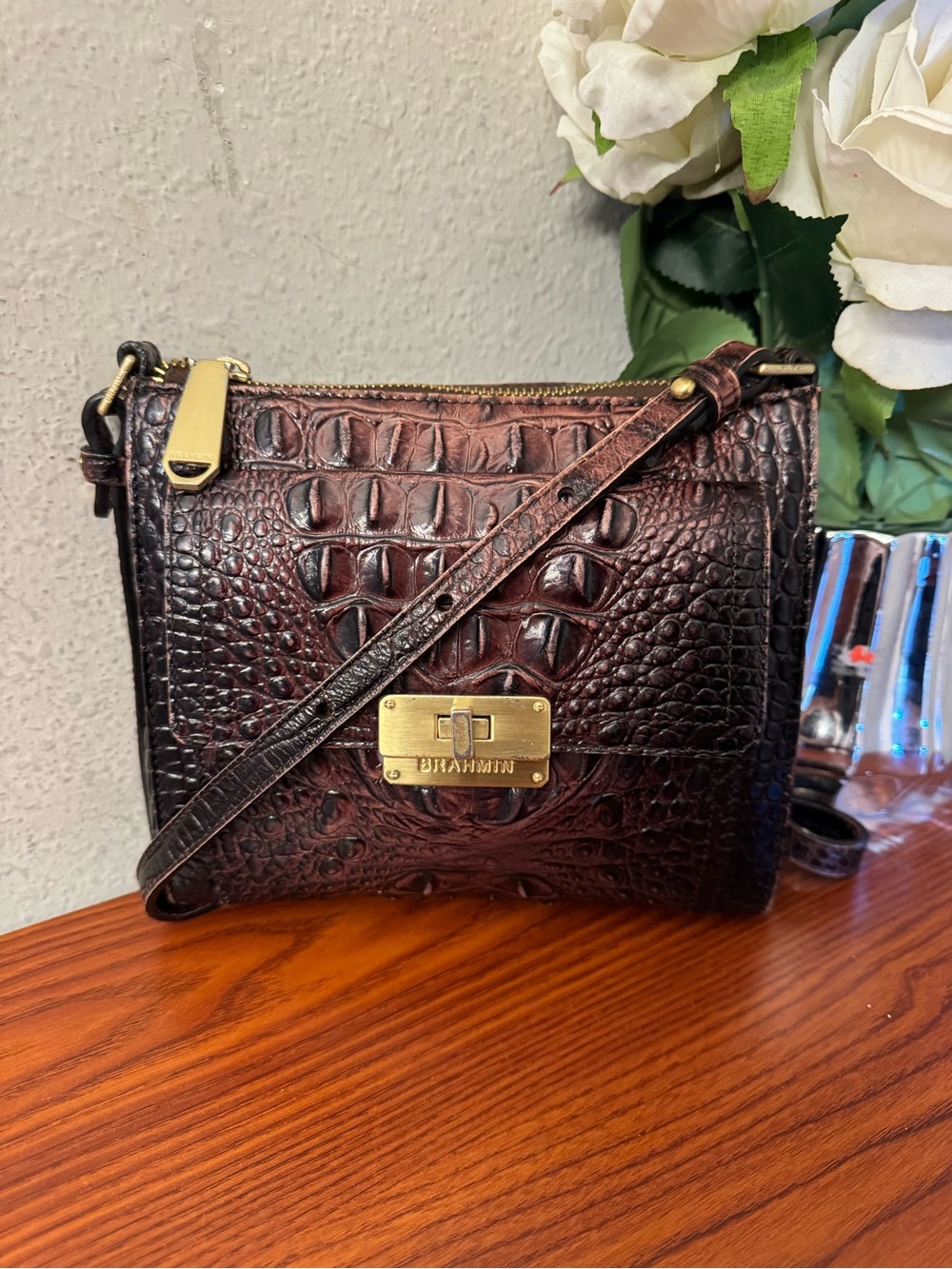 Brahmin Dark Brown Croc-Embossed Leather Crossbody
